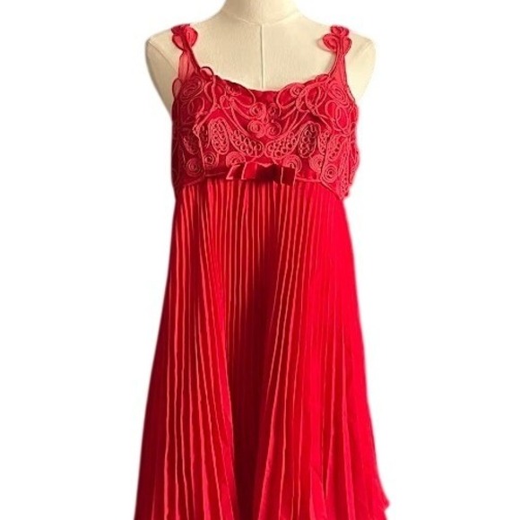 Rare Vintage Troika Red Soutache Ribbon Pleated Mini Dress - Large